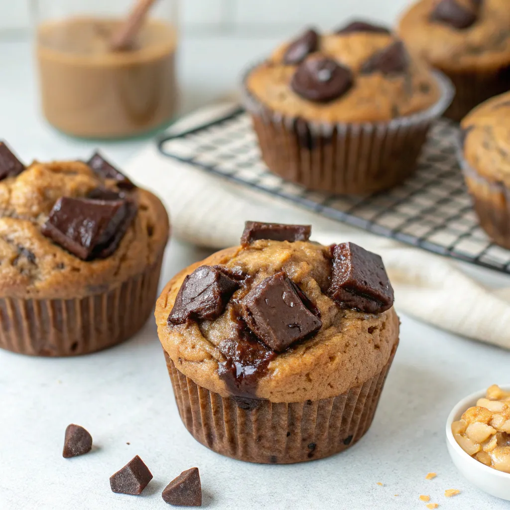 Healthy Peanut Butter Greek Yogurt Double Chocolate Chunk Muffins with Gooey Tops