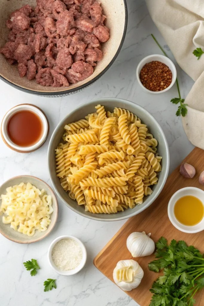 Beef and Rotini in Garlic Parmesan Sauce