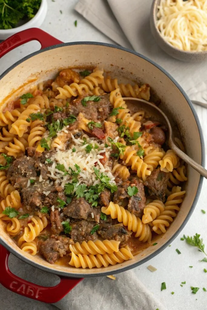 Beef and Rotini in Garlic Parmesan Sauce