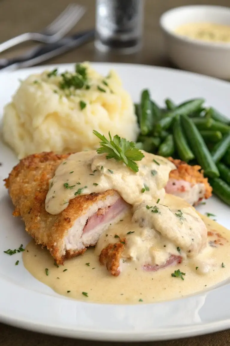 This Creamy Chicken Cordon Bleu recipe features crispy breaded chicken stuffed with ham and Swiss cheese, smothered in a rich, creamy sauce. Perfect for dinners or special occasions! Save this mouthwatering recipe and make it tonight!