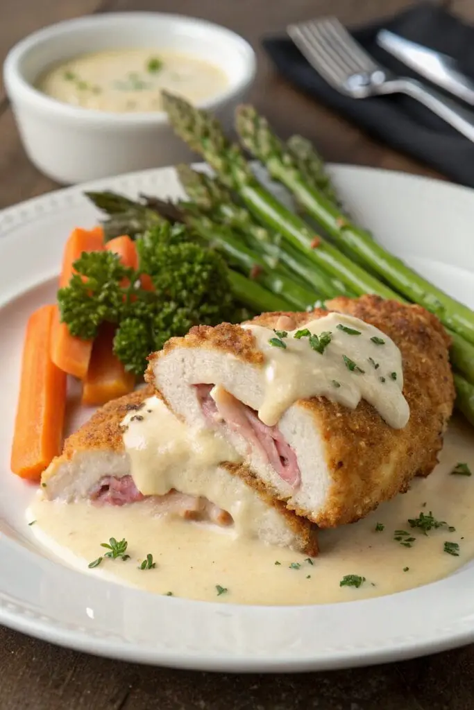 This Creamy Chicken Cordon Bleu recipe features crispy breaded chicken stuffed with ham and Swiss cheese, smothered in a rich, creamy sauce. Perfect for dinners or special occasions! Save this mouthwatering recipe and make it tonight!