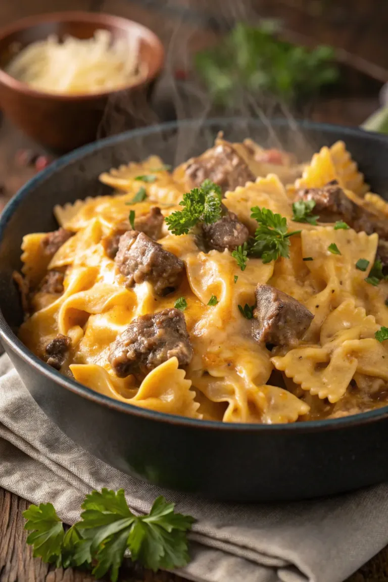 Cheesy Beef and Bowtie Pasta in Garlic Butter