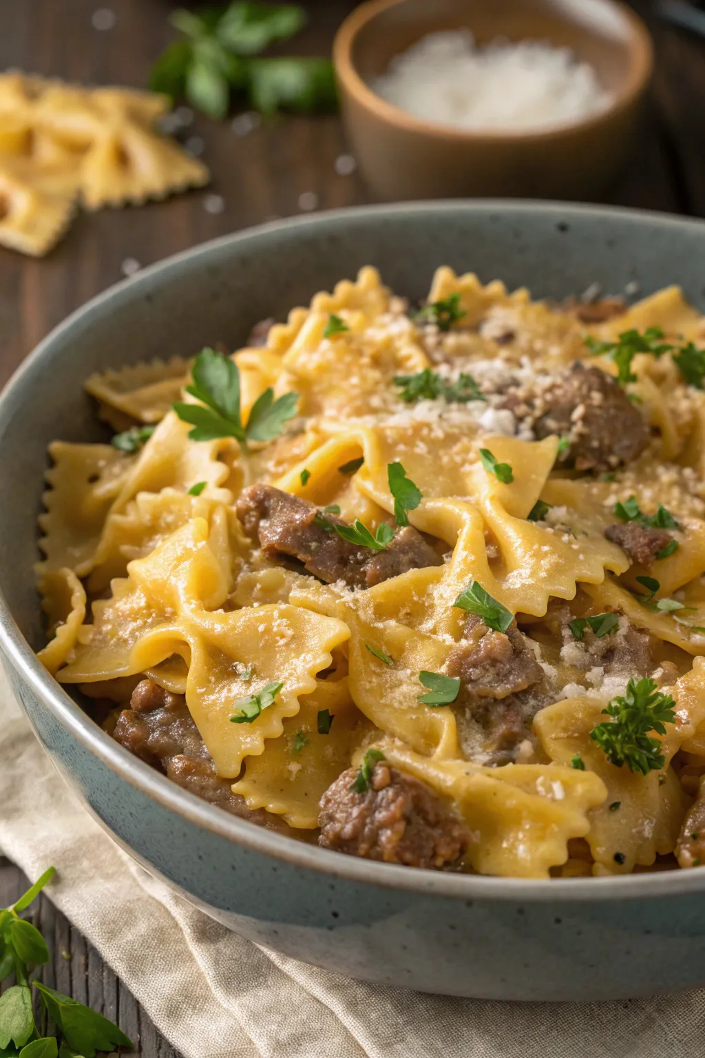 Cheesy Beef and Bowtie Pasta in Garlic Butter