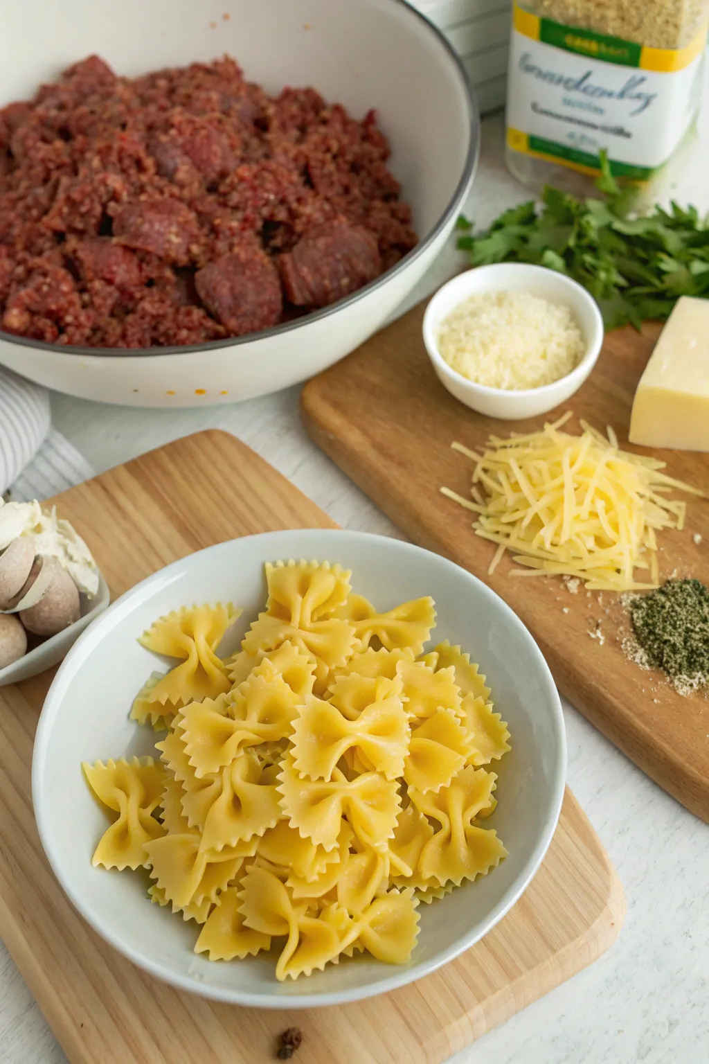 Cheesy Beef and Bowtie Pasta in Garlic Butter