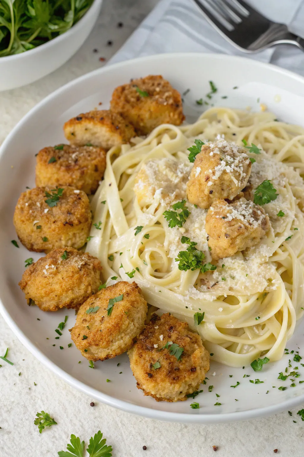 Garlic Butter Chicken Bites with Creamy Parmesan Pasta