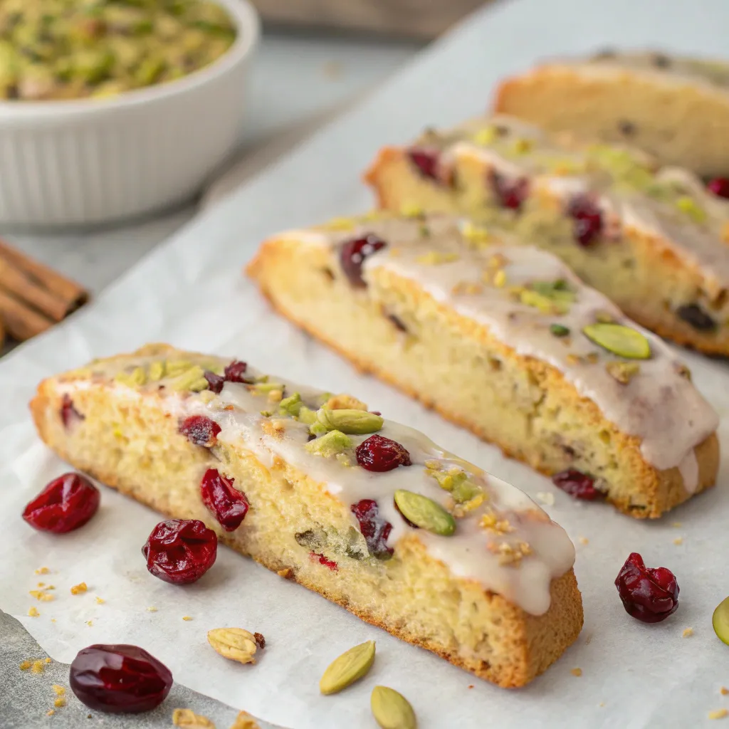 Pistachio & Cranberry Biscotti with Lemon Glaze