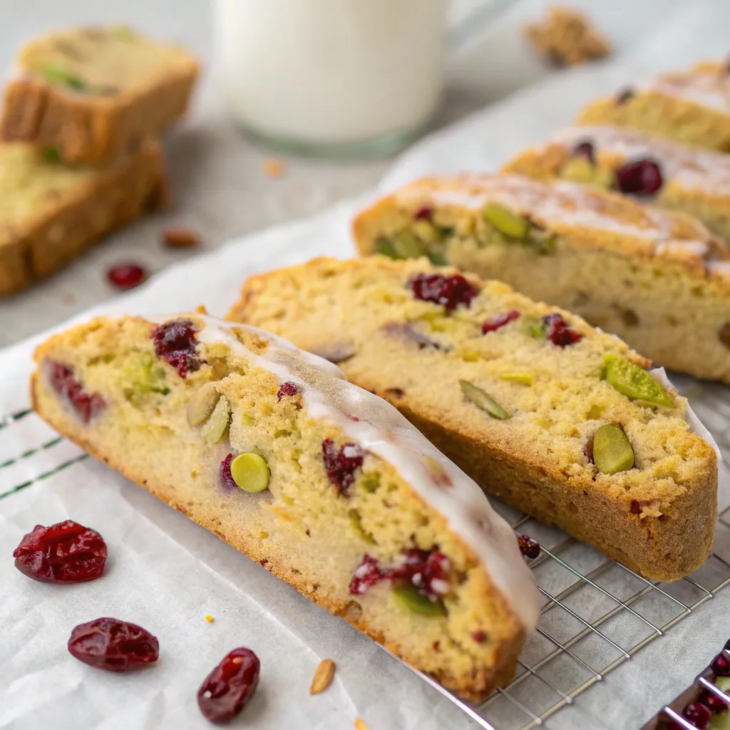 Pistachio & Cranberry Biscotti with Lemon Glaze