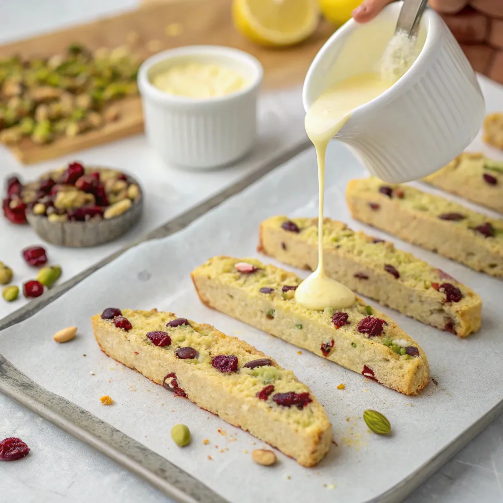 Pistachio & Cranberry Biscotti with Lemon Glaze