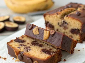 Dark Chocolate Peanut Butter Greek Yogurt Banana Loaf Slices with Gooey Layers