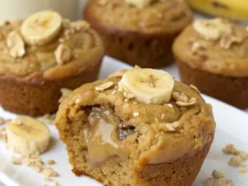 Peanut Butter Banana Oat Greek Yogurt Muffins with Gooey Centers