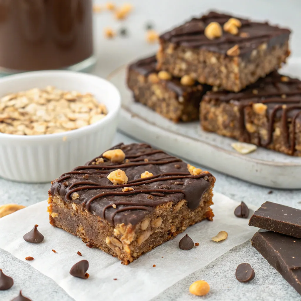 Peanut Butter Oat Brownie Crunch Bars with Chocolate Drizzle