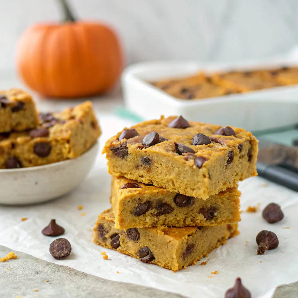 Flourless Pumpkin Chocolate Chip Greek Yogurt Bars