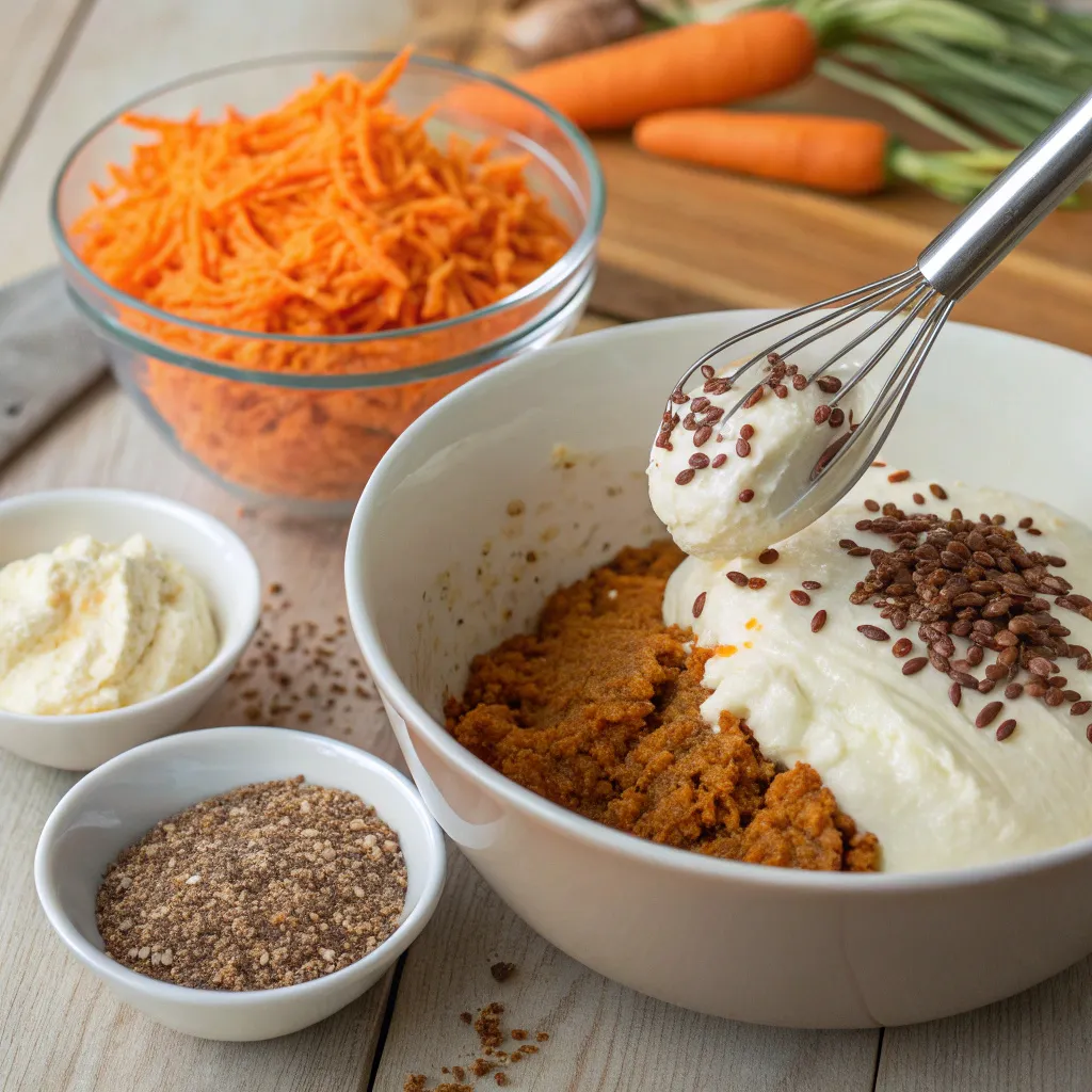 Flourless Carrot Flaxseed Cake with Greek Yogurt Frosting