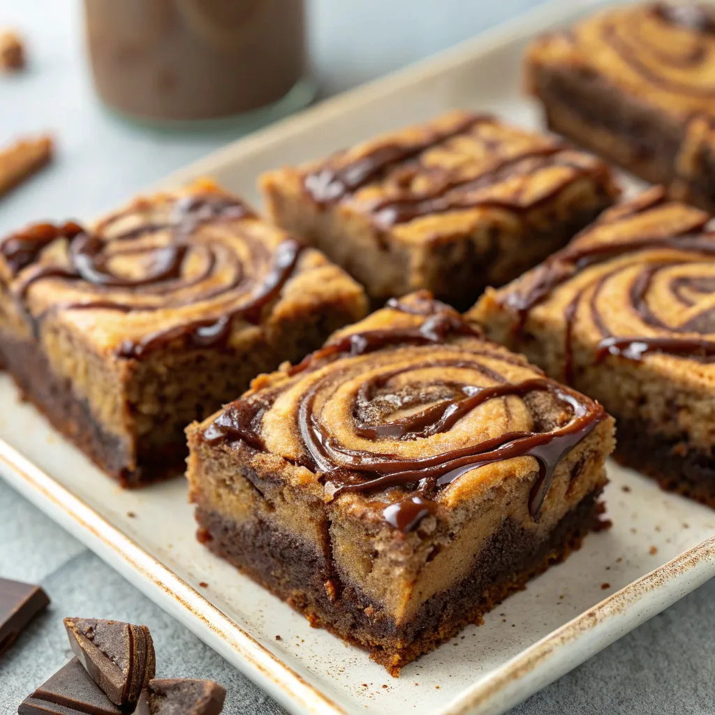 Greek Yogurt Cinnamon Roll Brownie Squares with Fudge Drizzle