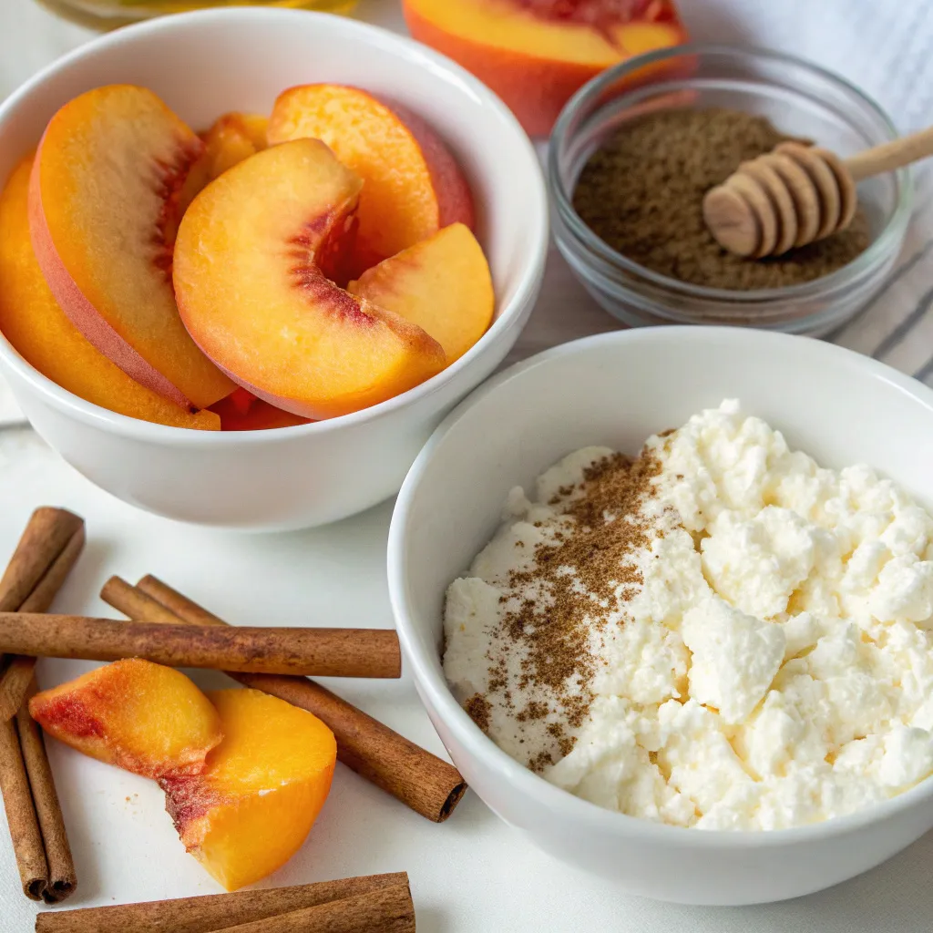 Baked Peach Cinnamon Cottage Cheese Breakfast Bowls