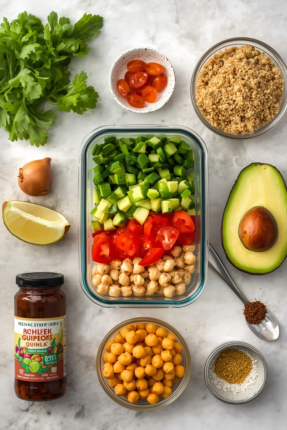 Amazing High Protein Quinoa Salad with Chickpeas & Avocado (4 Servings) 1 High Protein Quinoa Salad with Chickpeas and Avocado Meal Prep