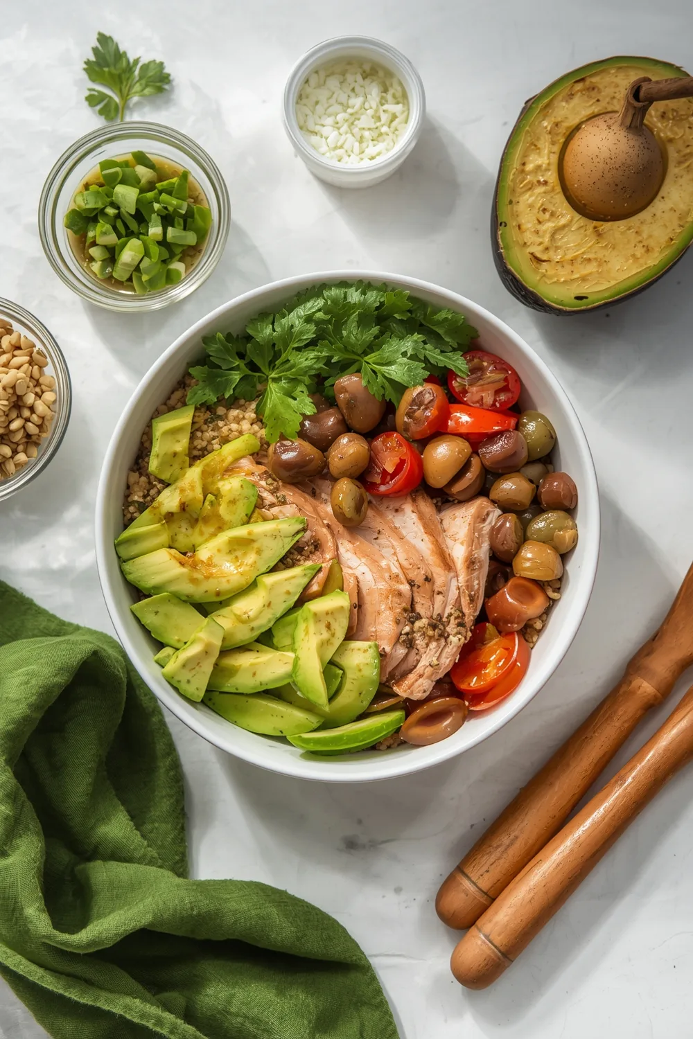Healthy Quinoa Bowl with Grilled Chicken and Avocado Dressing