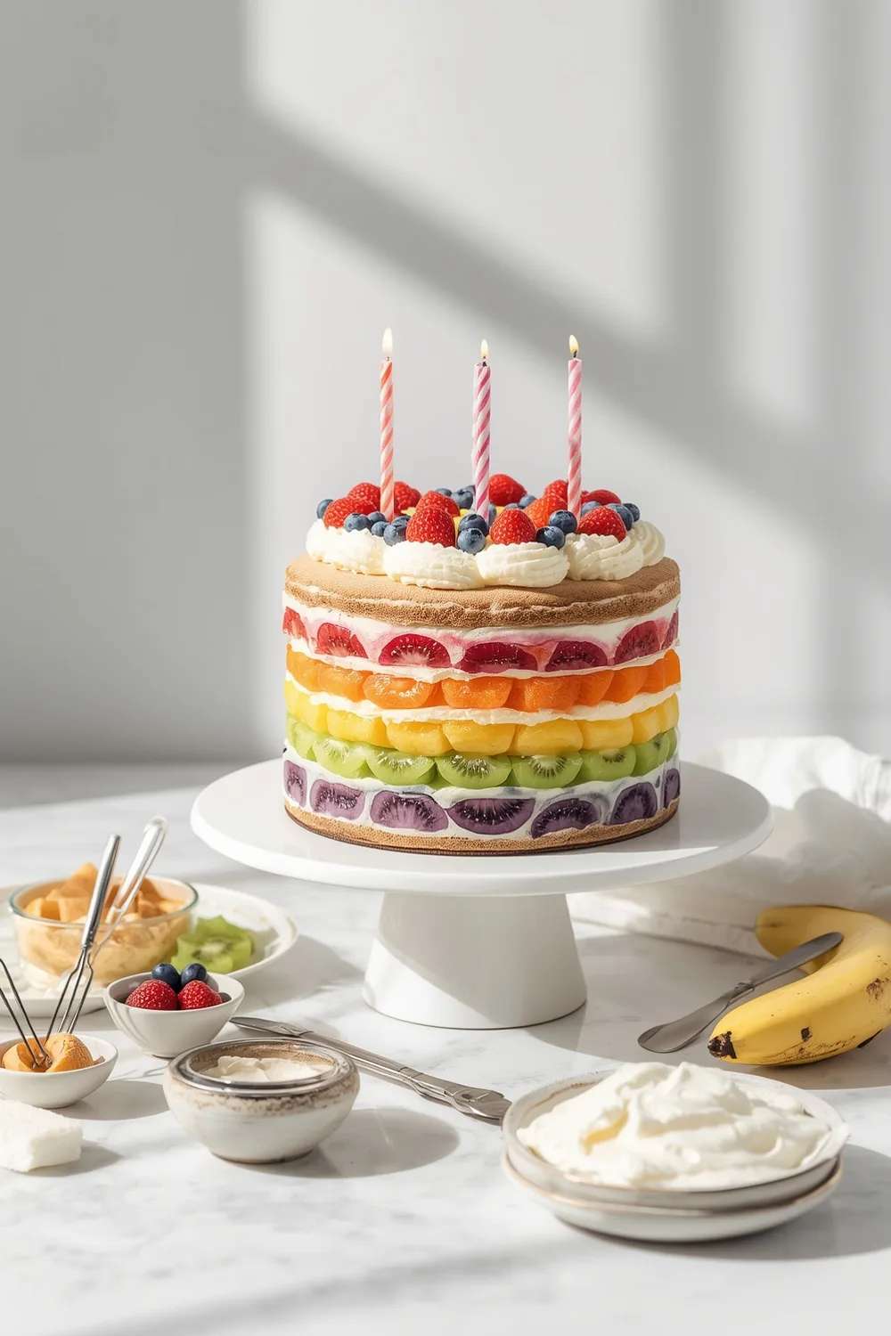 Layered Rainbow Fruit Birthday Cake with Whipped Cream