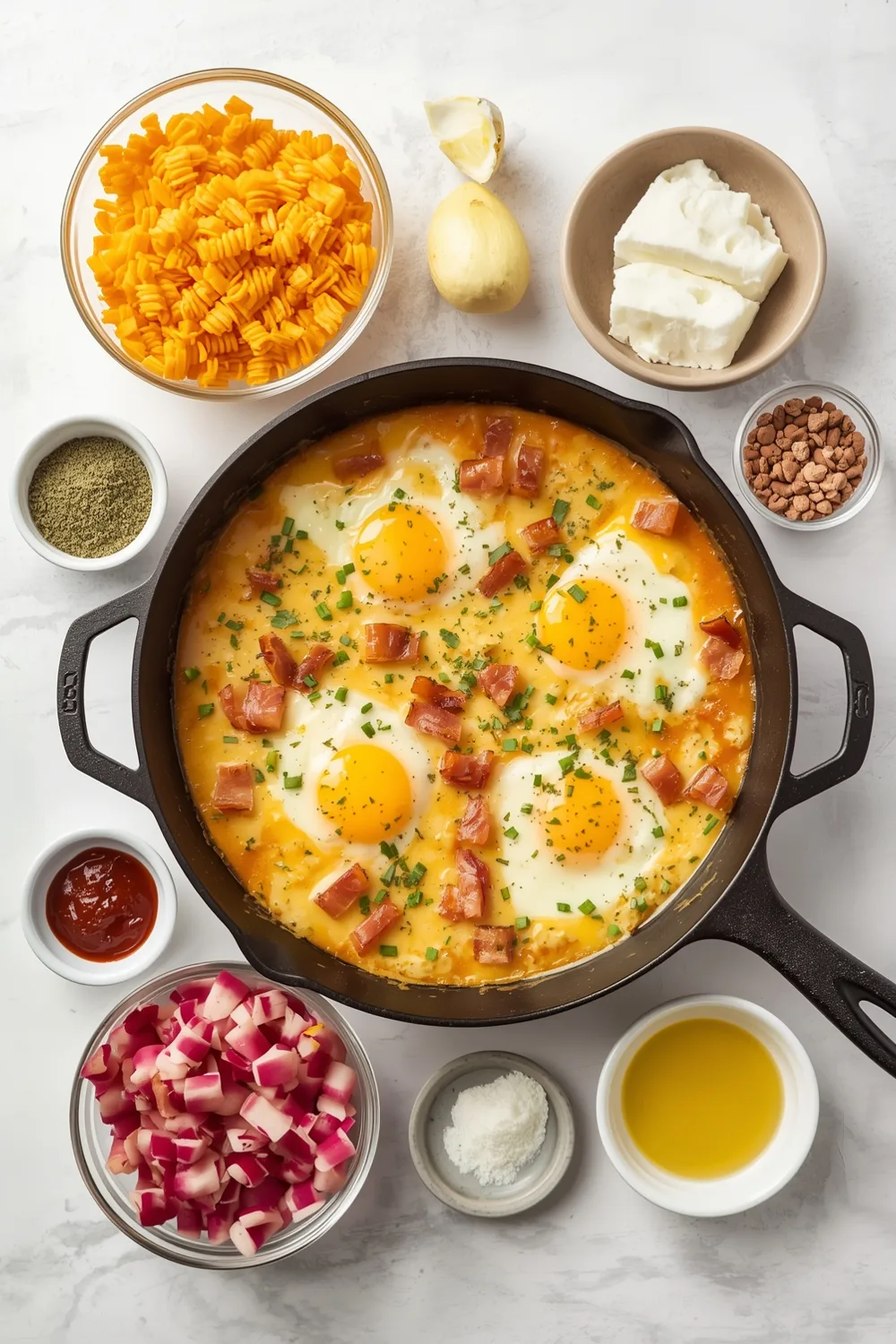 - Irresistible Easy Cheesy Bacon and Egg Breakfast Skillet (4 Servings) 1 Easy Cheesy Bacon and Egg Breakfast Skillet