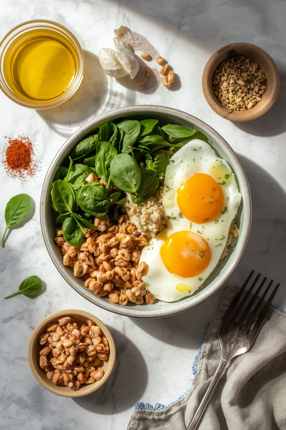 15 Minute Easy Protein Breakfast Bowl with Eggs and Spinach