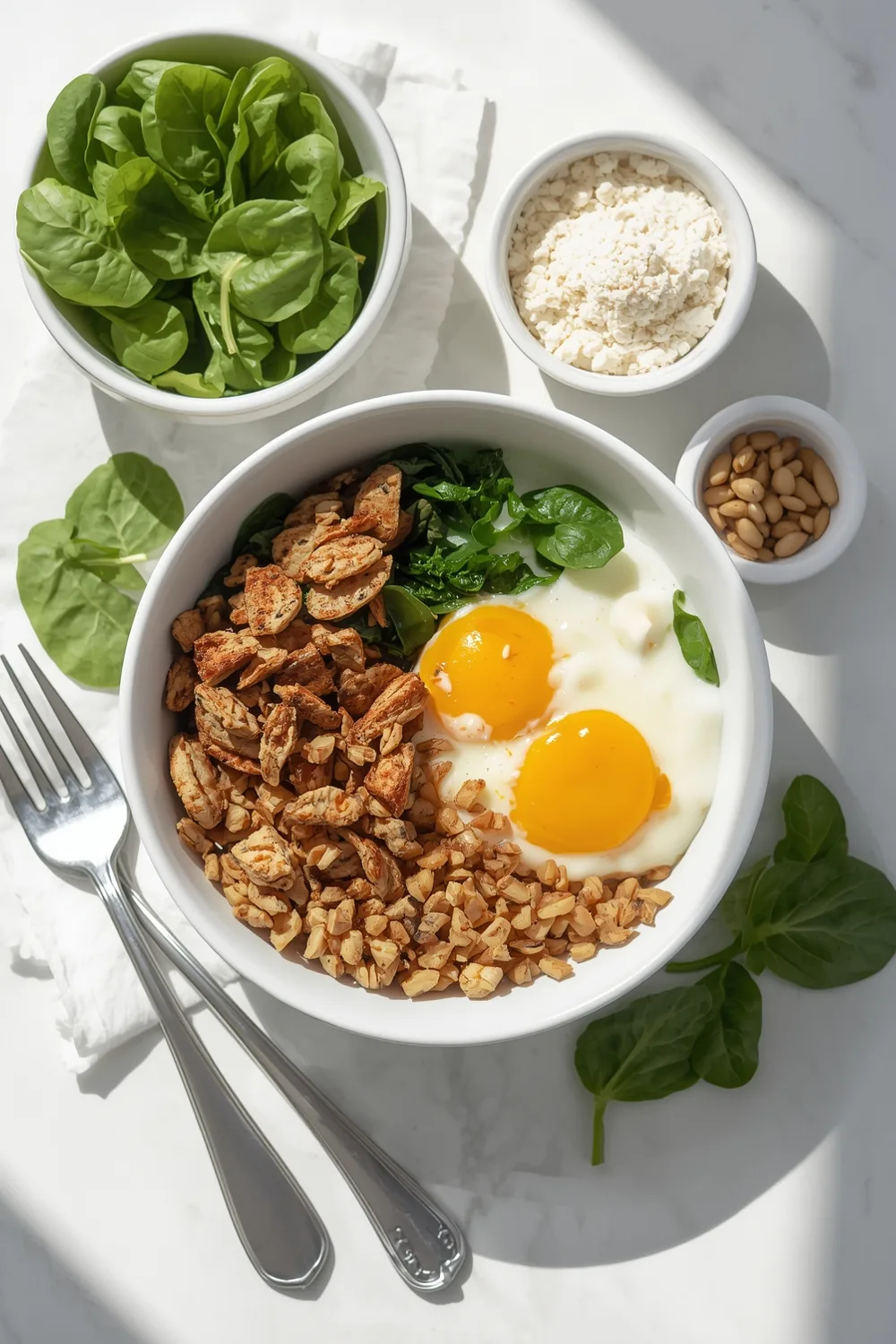 Irresistible Savory High Protein Breakfast Bowl with Eggs – 2 Servings 1 Savory High Protein Breakfast Bowl with Eggs and Spinach