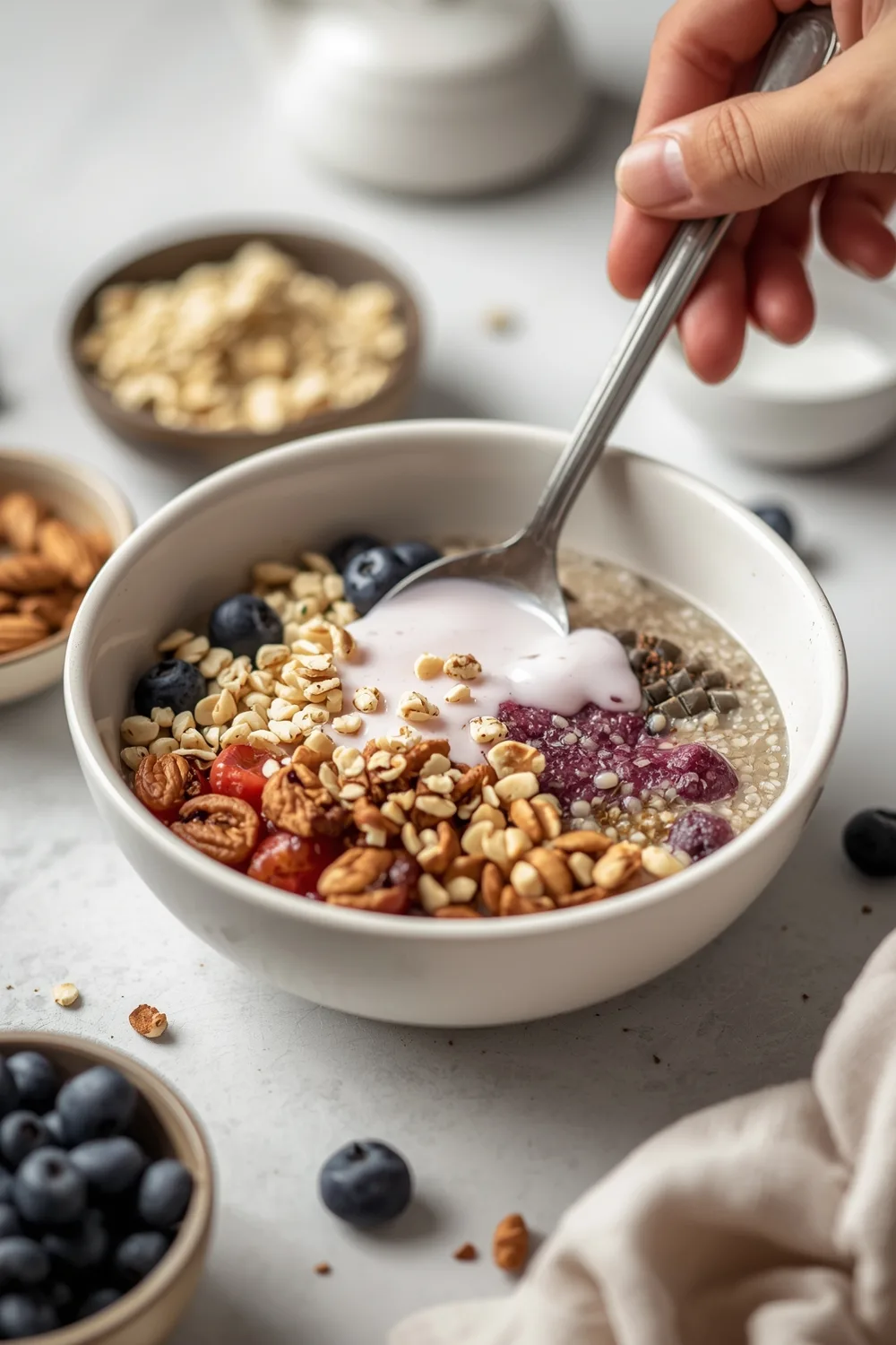 Quick Berry Quinoa Breakfast Bowl with Almond Milk and Nuts