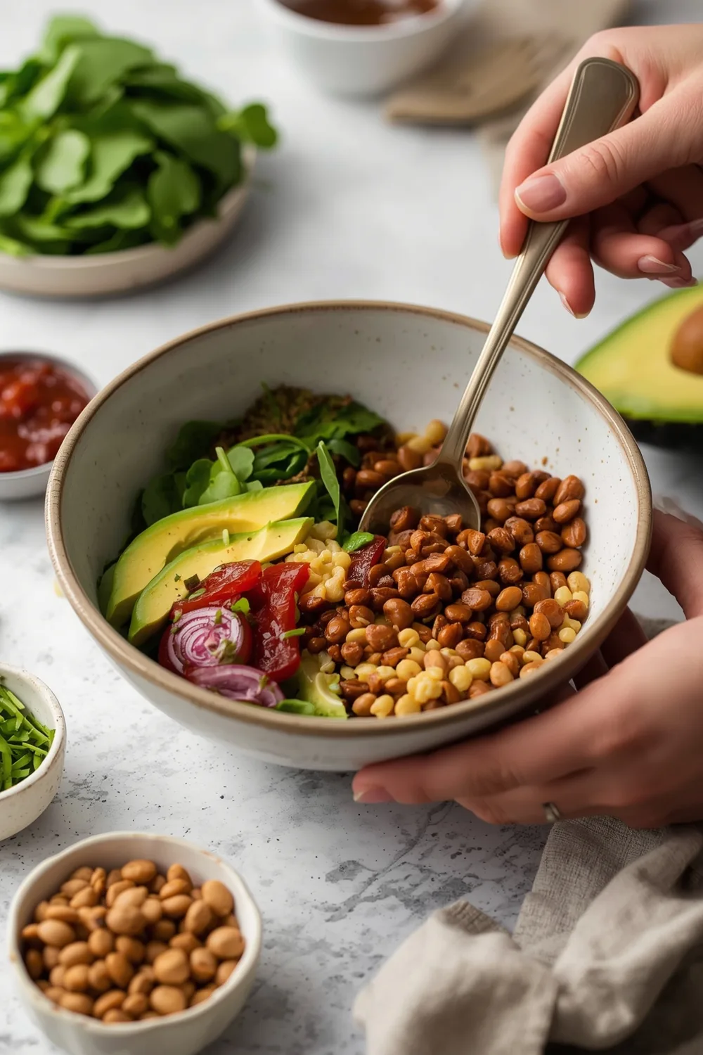 Delicious Savory Vegan Lentil Breakfast Bowl - 2 Healthy Servings 2 Savory Vegan Lentil Breakfast Bowl with Spinach and Avocado