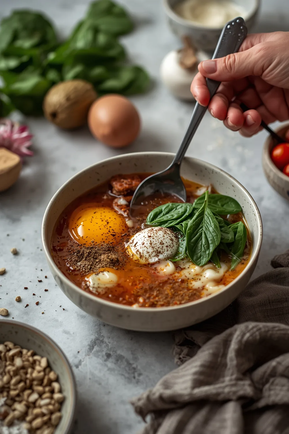 Irresistible Savory High Protein Breakfast Bowl with Eggs – 2 Servings 2 Savory High Protein Breakfast Bowl with Eggs and Spinach