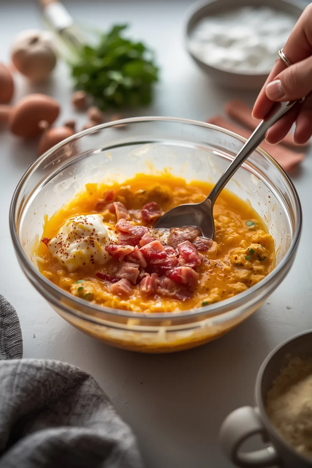 - Irresistible Easy Cheesy Bacon and Egg Breakfast Skillet (4 Servings) 2 Easy Cheesy Bacon and Egg Breakfast Skillet