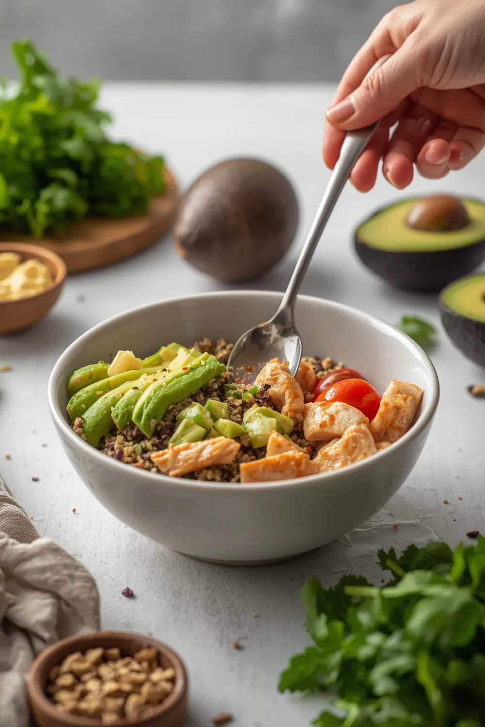 Healthy Quinoa Bowl with Grilled Chicken and Avocado Dressing