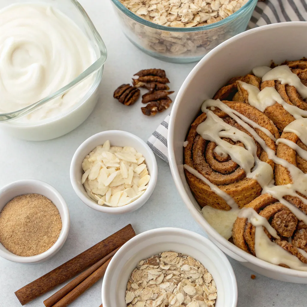 Cinnamon Roll Baked Oats with Greek Yogurt Glaze