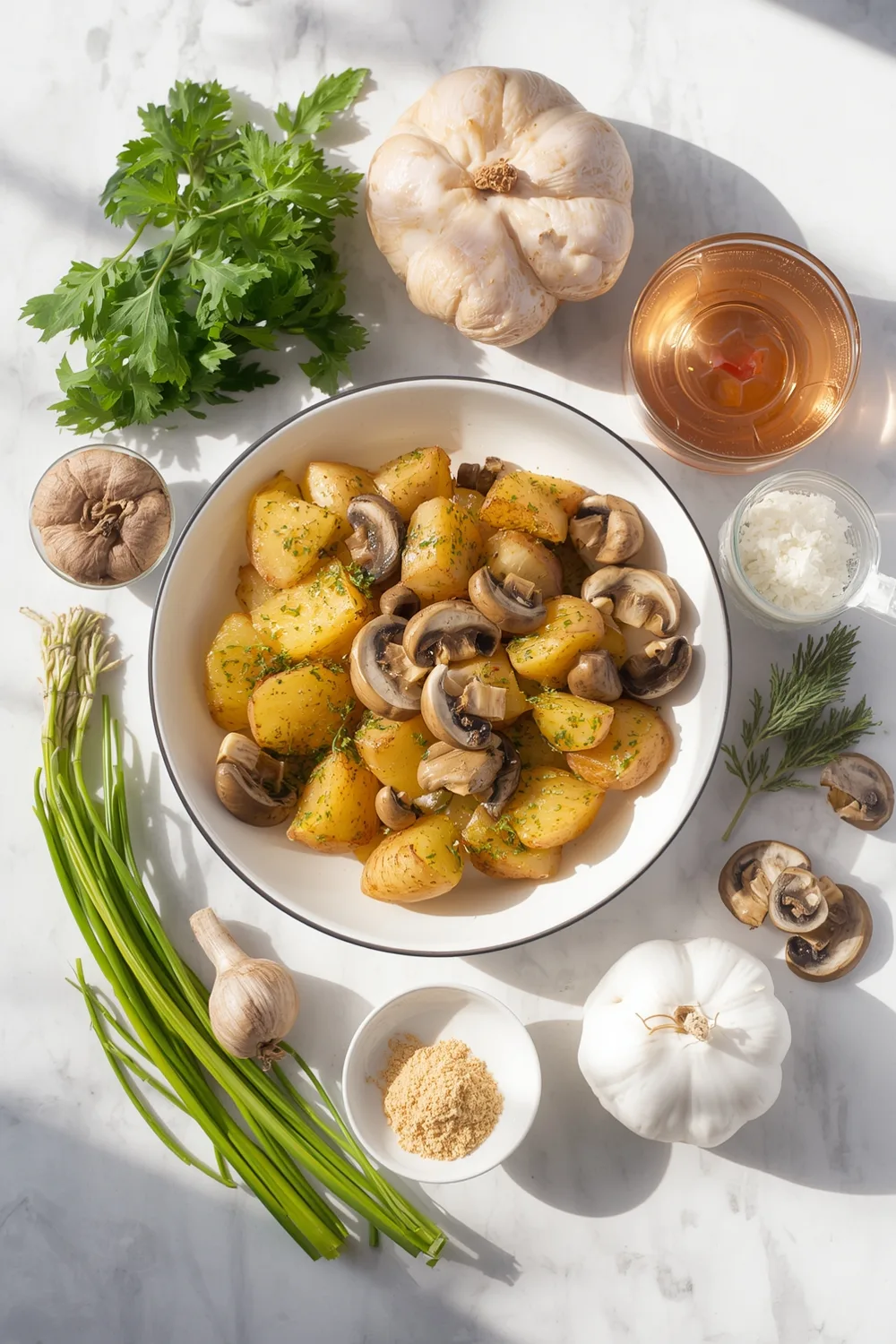 Easy Garlic Herb Chicken with Roast Potatoes and Mushrooms
