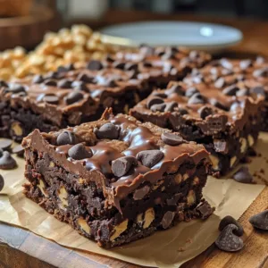 No-Bake Peanut Butter Greek Yogurt Brownie Bars with Chocolate Chips