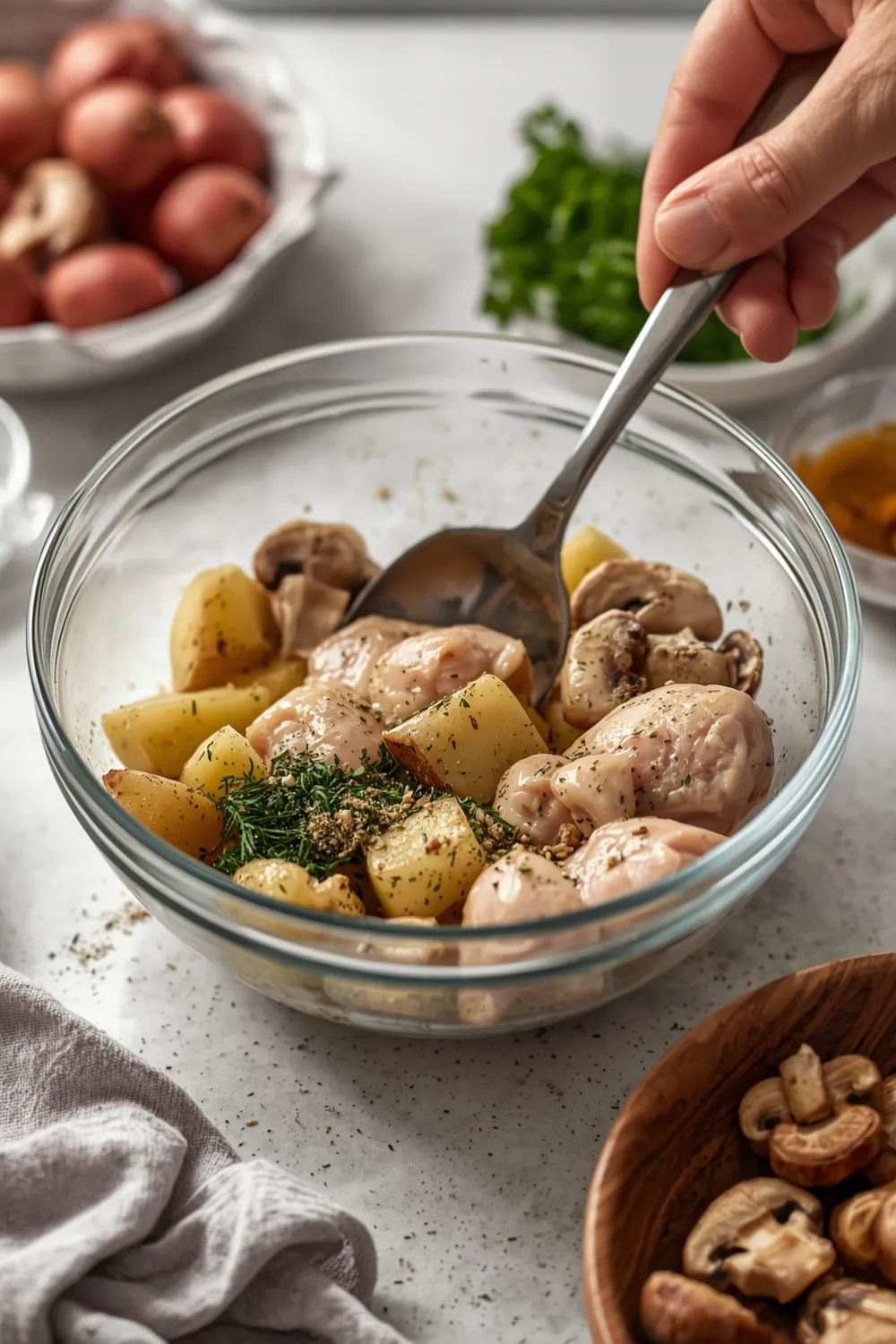 Easy Garlic Herb Chicken with Roast Potatoes and Mushrooms
