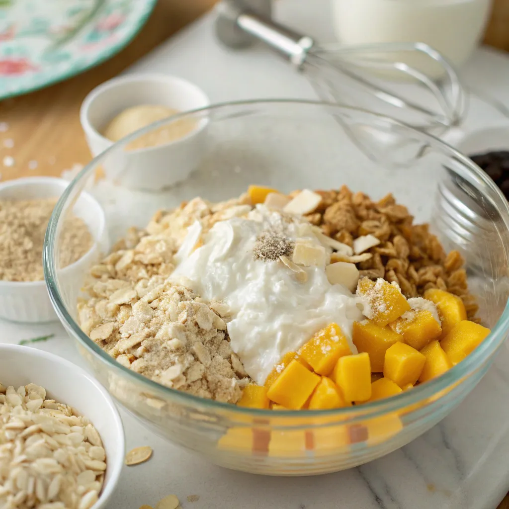 Soft Coconut Mango Greek Yogurt Oat Muffins