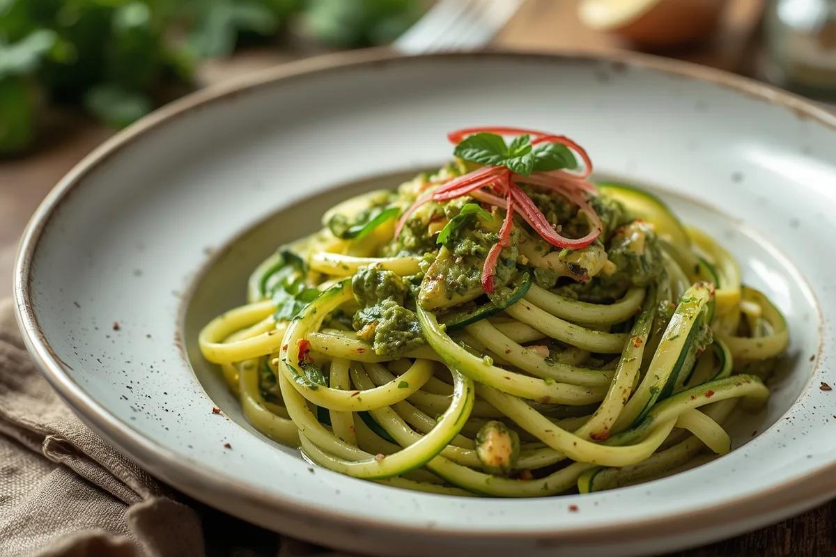 Irresistible Zucchini Noodles Pesto: Easy 4-Serving Dish 3 Zucchini Noodles with Pesto – Healthy Low Carb Pasta