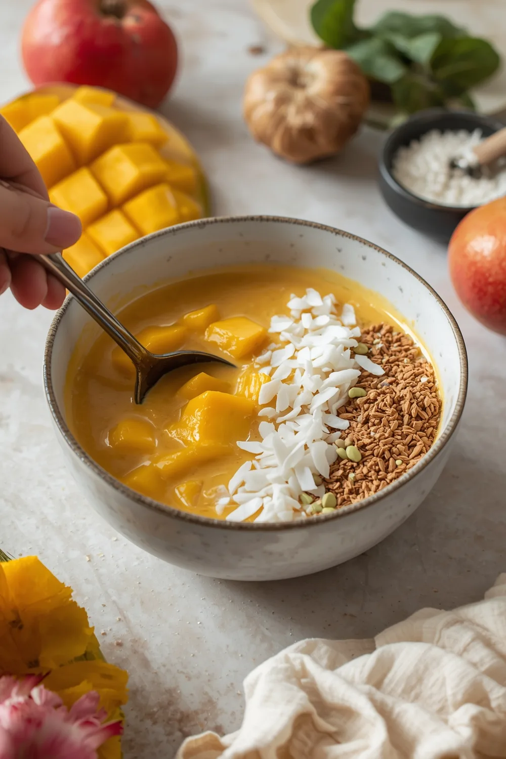 Delicious Tropical Mango Smoothie Bowl: 2 Easy Servings! 2 Tropical Mango Smoothie Bowl with Coconut Topping