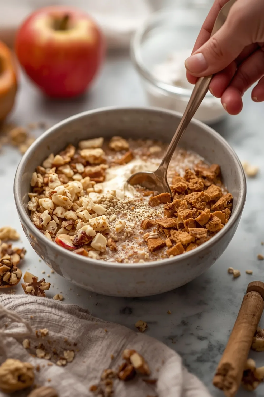 Delicious Apple Cinnamon Oatmeal Bowl with Walnuts – 2 Servings 2 Cozy Apple Cinnamon Oatmeal Bowl with Walnuts