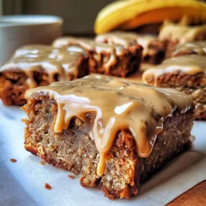 Healthy Cinnamon Roll Banana Bread Bars with Peanut Butter Glaze