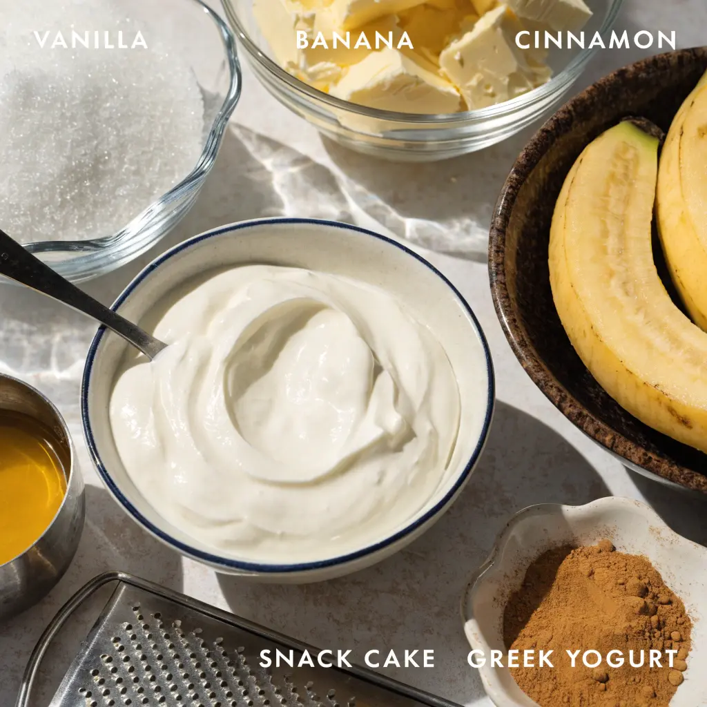 Vanilla Banana Cinnamon Greek Yogurt Snack Cake – Soft, Moist & Naturally Sweet