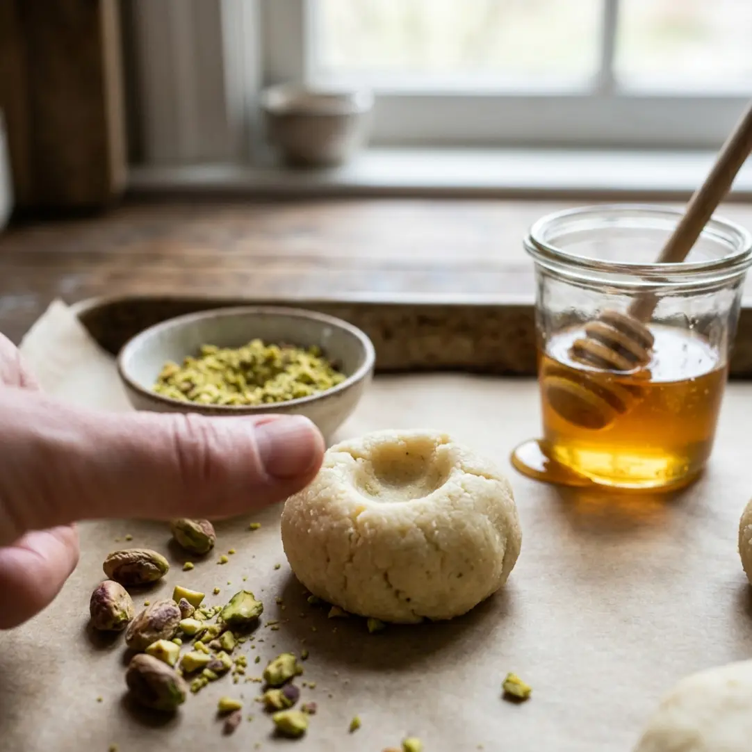 Honey Pistachio Ricotta Thumbprint Cookies