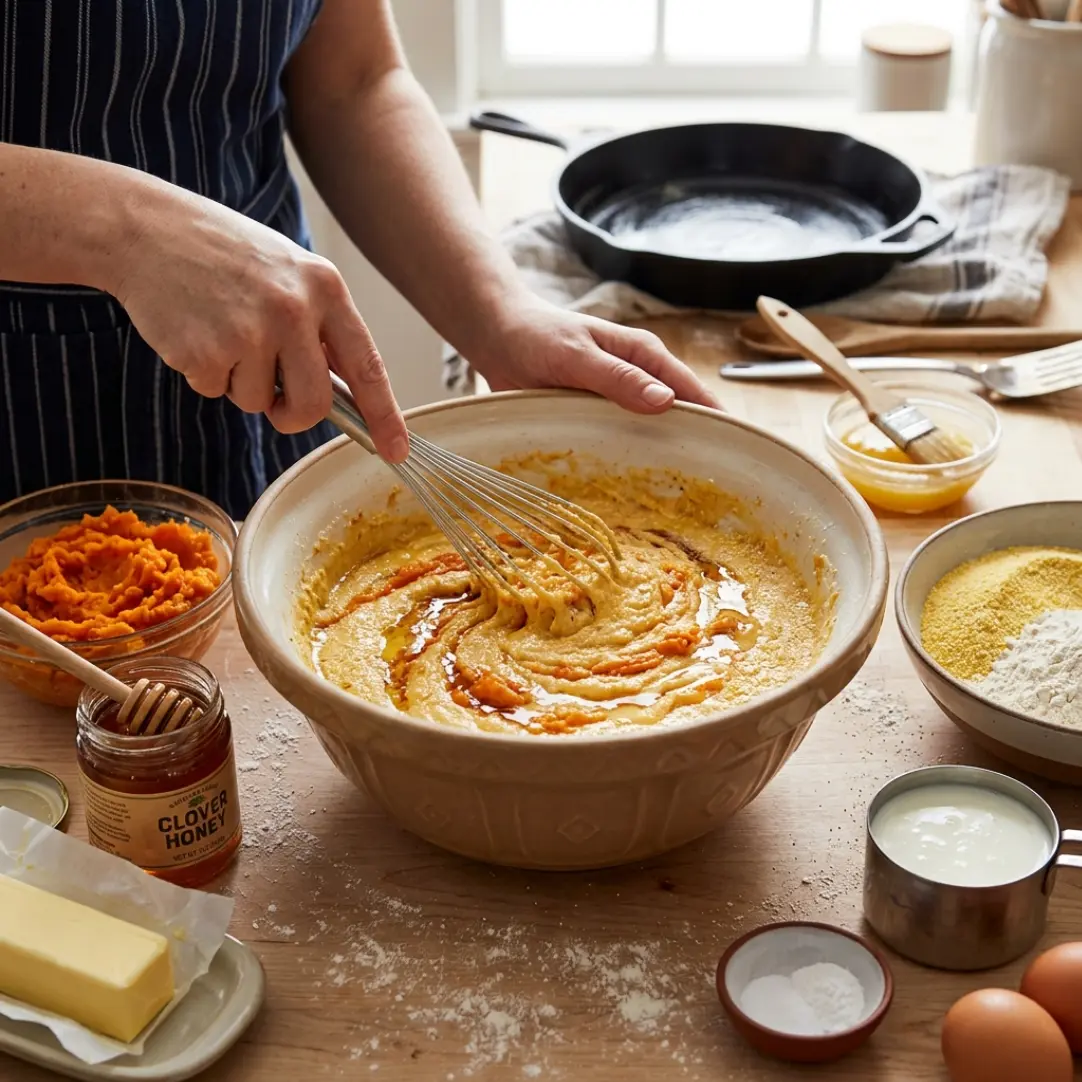 Honey Butter Sweet Potato Cornbread – The Ultimate Moist & Cozy Homemade Cornbread