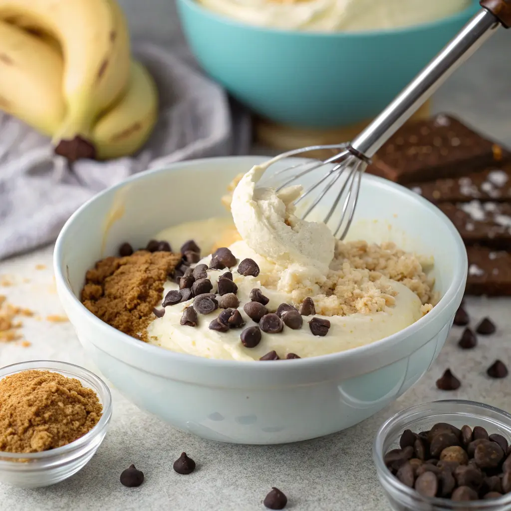 Soft Vanilla Greek Yogurt Chocolate Chip Banana Cake Baked in a Square Pan