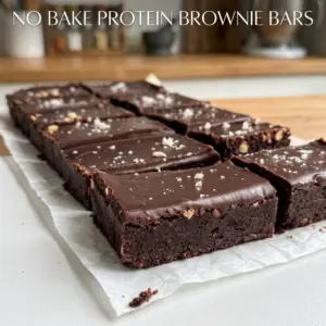 No Bake Protein Brownie Bars stacked and sliced, showing the fudgy chocolate layers