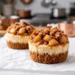 Brown Sugar Apple Cheesecake Cups topped with cinnamon streusel and baked apples on parchment paper
