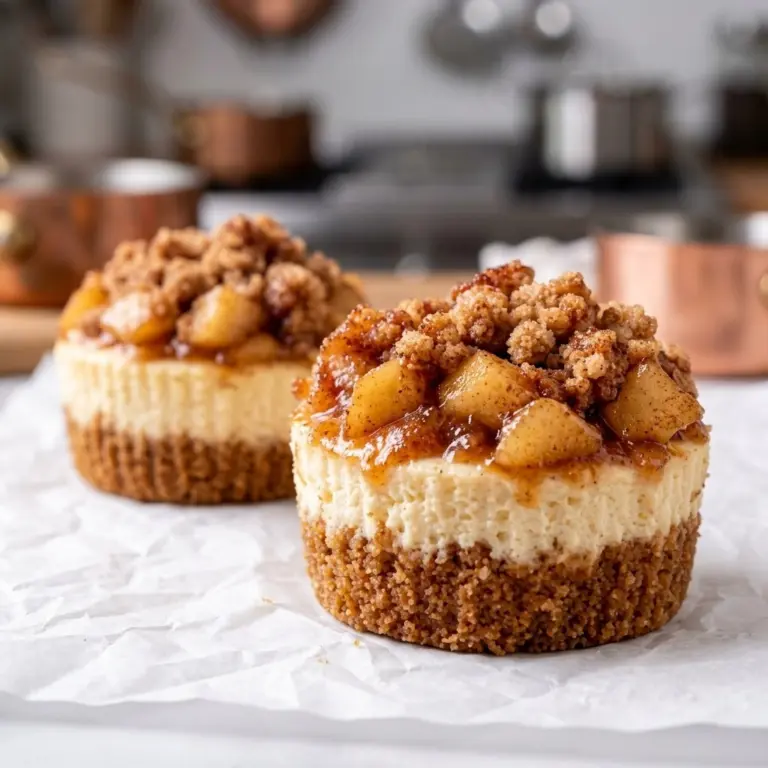 Brown Sugar Apple Cheesecake Cups topped with cinnamon streusel and baked apples on parchment paper