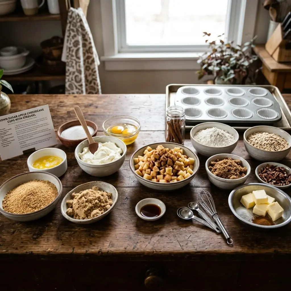 Ingredients for Brown Sugar Apple Cheesecake Cups laid out in bowls, including cream cheese, chopped apples, graham crumbs, and streusel components