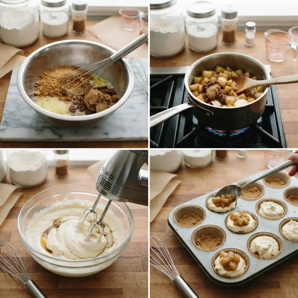 Preparing Brown Sugar Apple Cheesecake Cups: mixing streusel, cooking apples, whipping cheesecake filling, and filling muffin cups