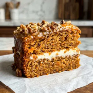 Sliced Caramel Pecan Carrot Cake showing moist layers, cream cheese frosting, and a caramel pecan topping