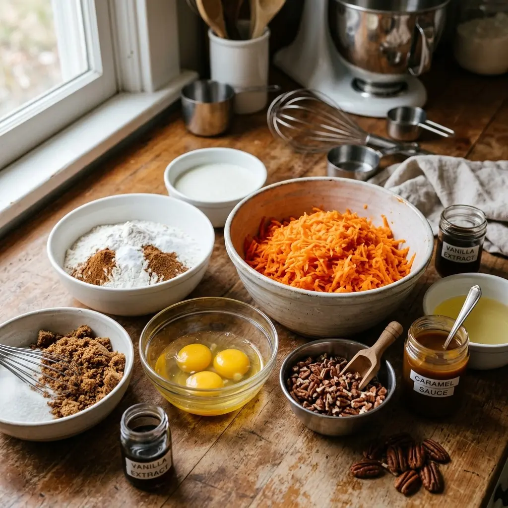 Ingredients for Caramel Pecan Carrot Cake laid out in bowls, including grated carrots, flour, eggs, pecans, and caramel sauce
